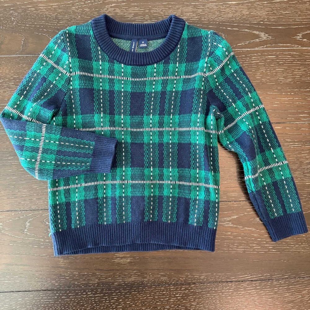 Janie and Jack Toddler Boy 2T Blue & Green‎ Plaid Crewneck Sweater Cotton Knit